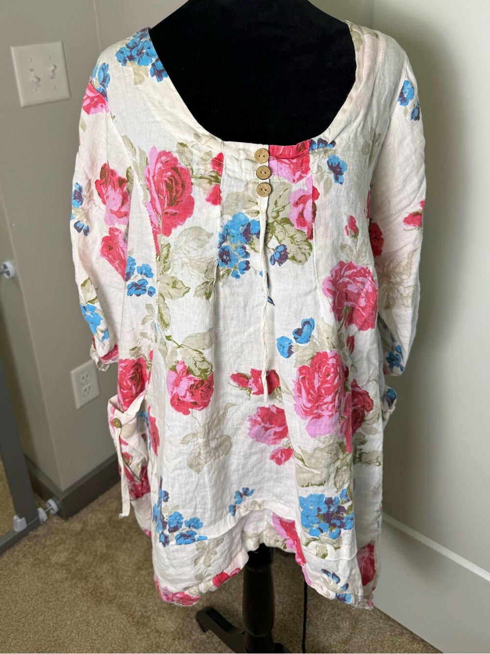 Lin Blanc Made in Ital 100% Linen Floral Blouse Ivory Pink Tunic Cottage 40/S